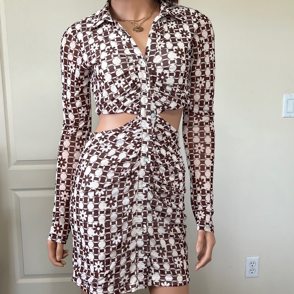 Cotton Candy LA Mini Dress Open Back - Floral 70's Brown Long Sleeve Size Small